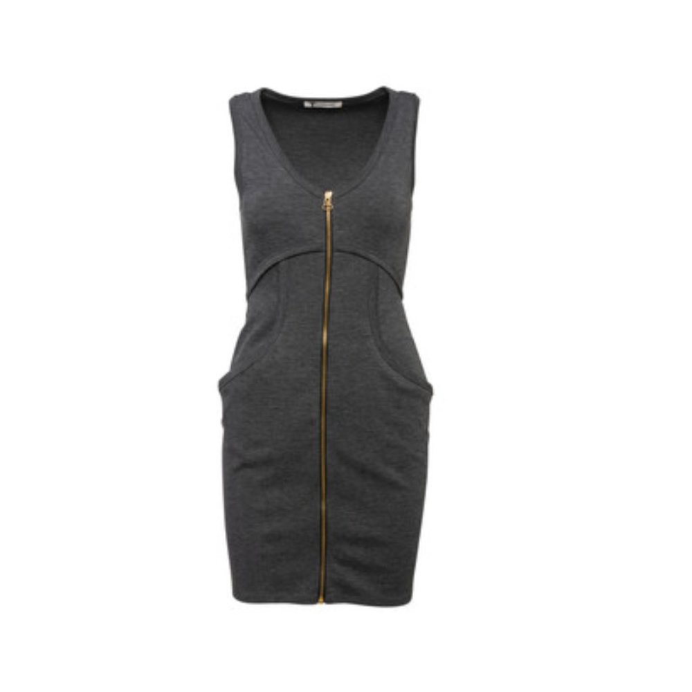 T BY ALEXANDER WANG Zip Front Ponte Tank Charcoal Grey Dress, Pockets XS X Small